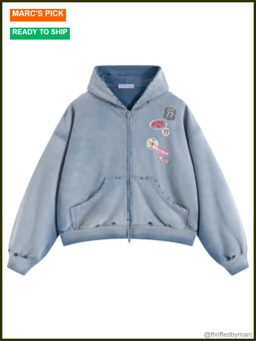 Aelfric Eden Acid Wash Boxy Zip Up Hoodie Cotton Streetwear Jacket Plus
